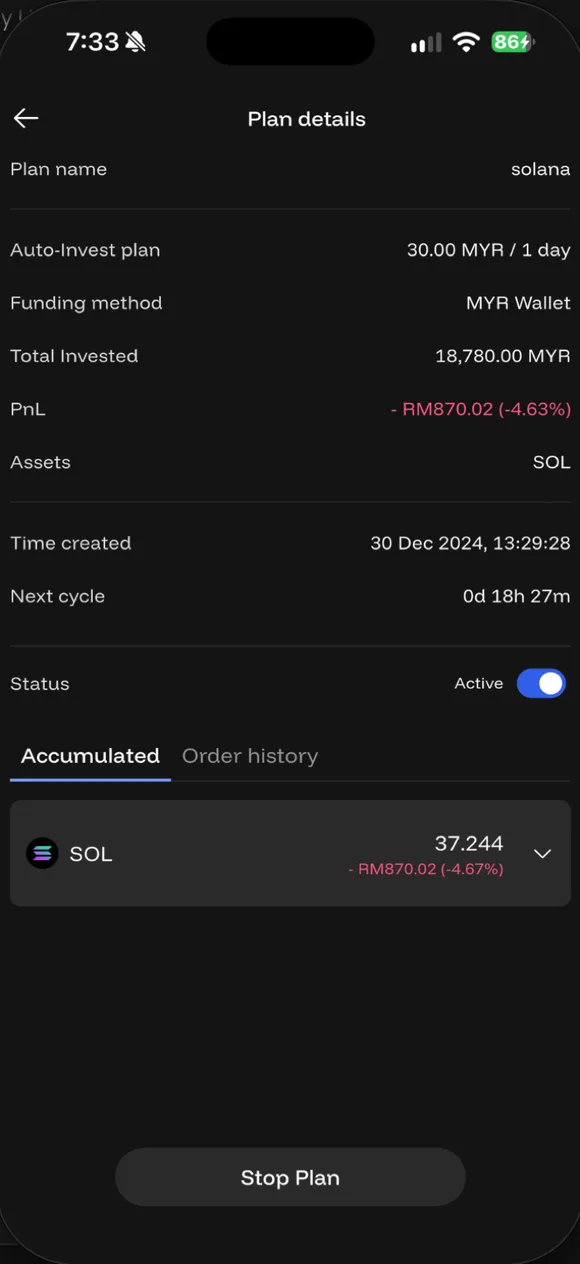 Plan details (solana): funding, total invested, PnL, slider Status, butang Stop Plan.