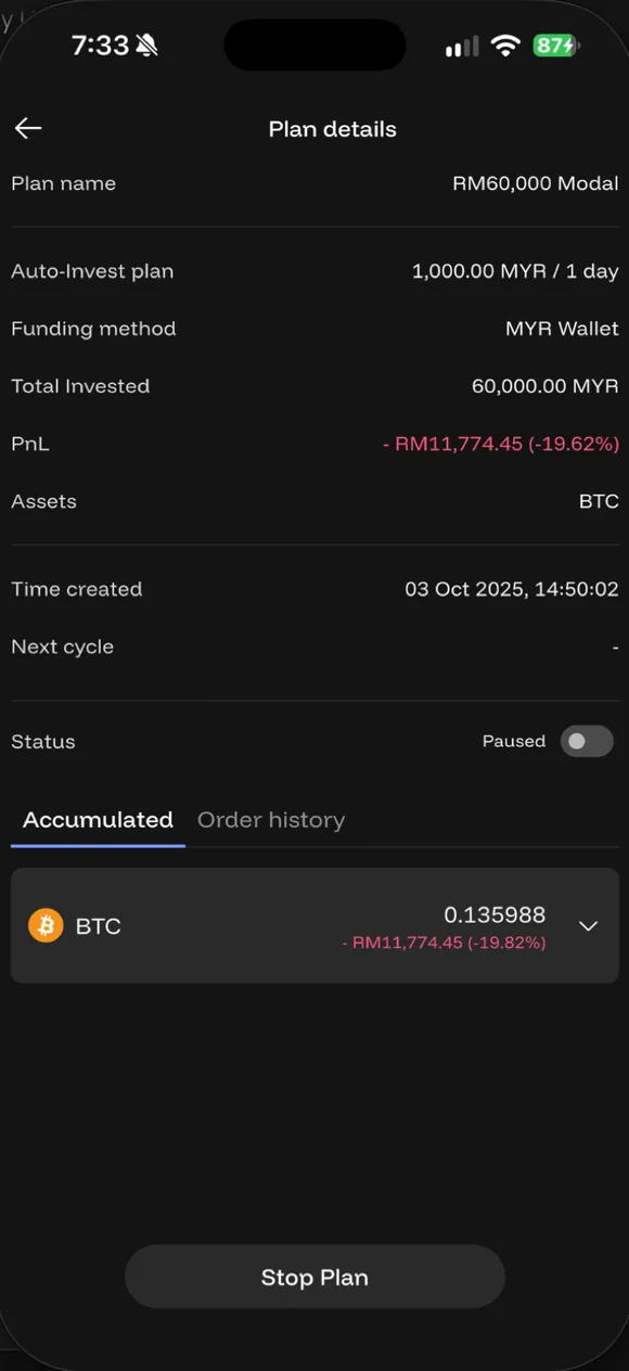 Plan RM60,000 Modal yang dipause: slider Status OFF.