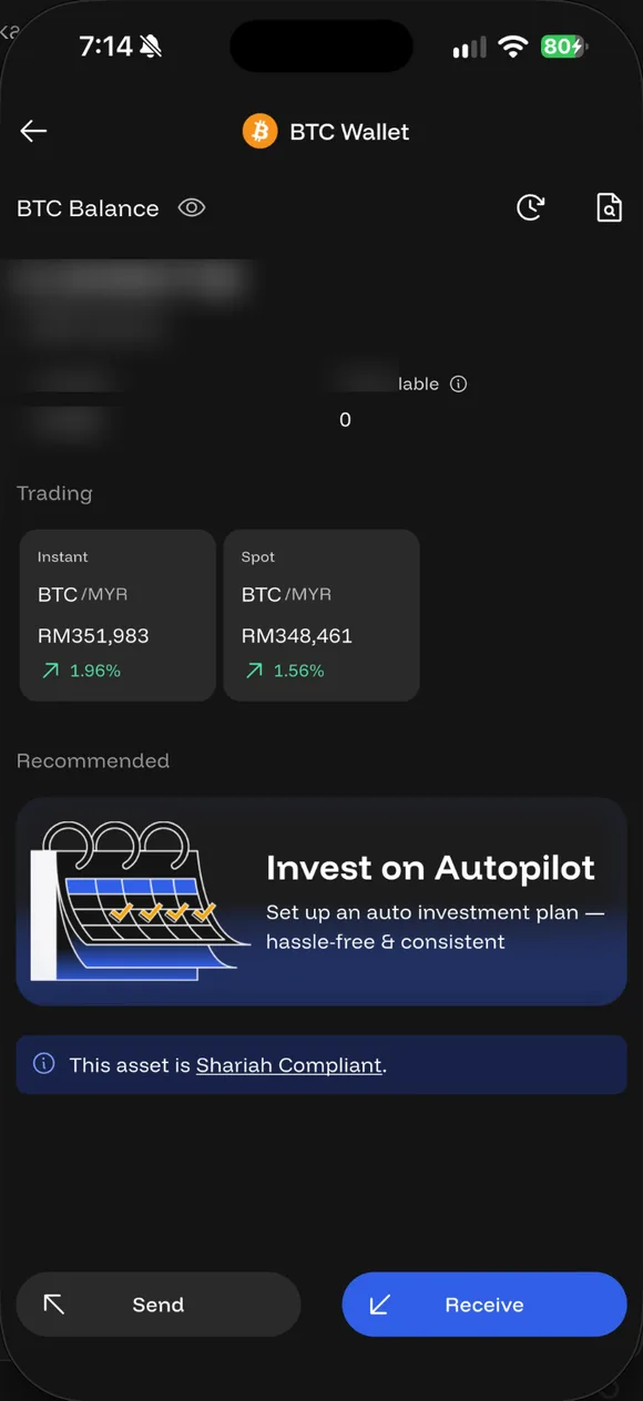 BTC Wallet: kad Instant dan Spot, dan bar "This asset is Shariah Compliant" (baki dikaburkan).