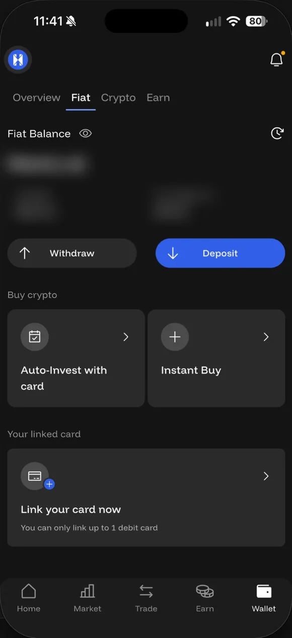 Wallet → Fiat: butang Withdraw dan Deposit (baki dikaburkan).