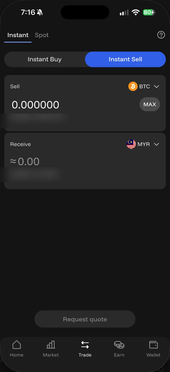 Instant Sell: jual BTC, terima MYR.