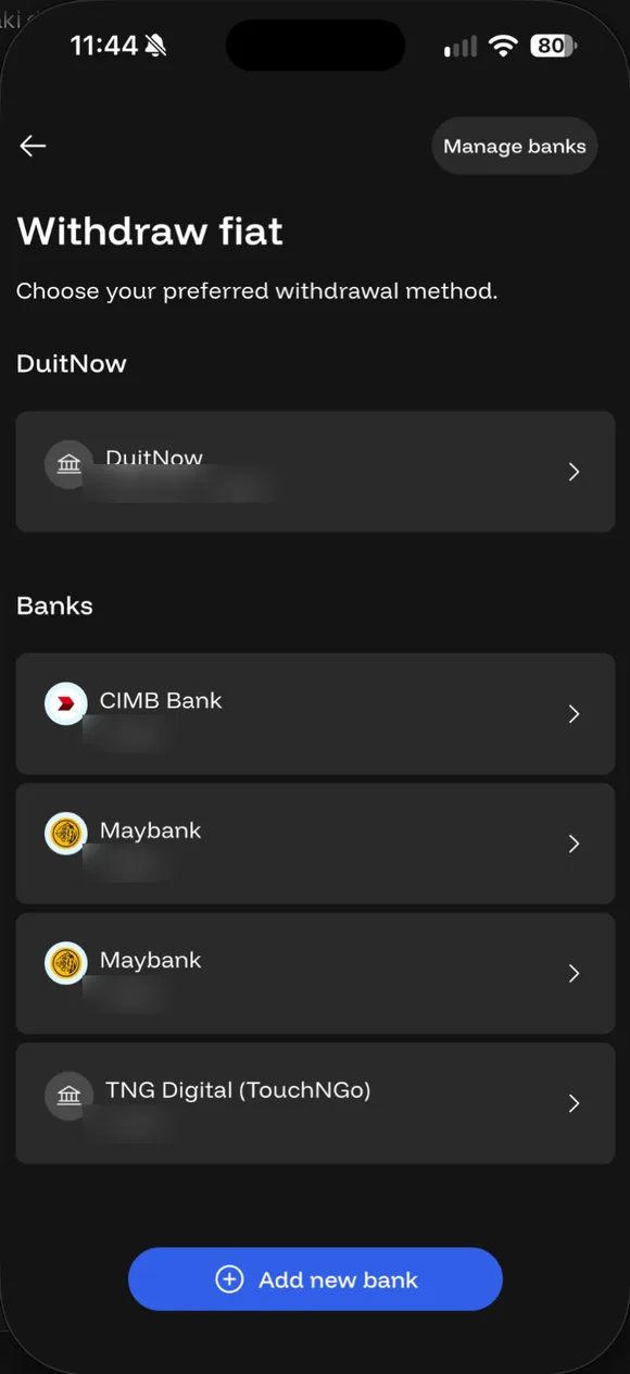 Withdraw fiat: DuitNow dan akaun bank tersimpan (nombor dikaburkan), butang Add new bank.