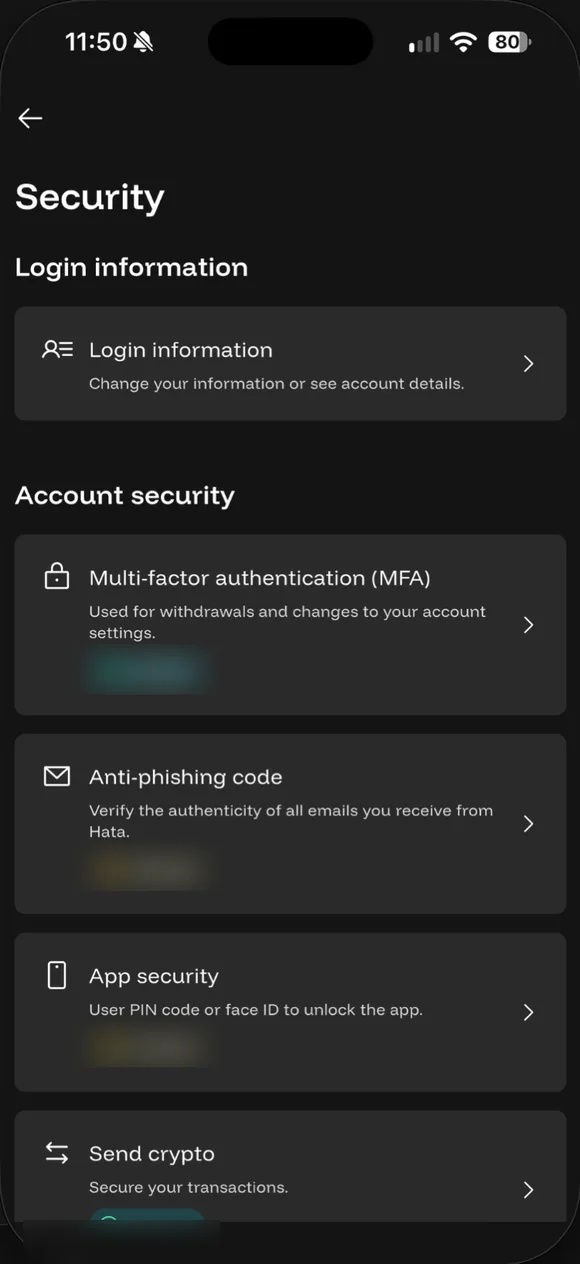 Halaman Security: MFA, Anti-phishing code, App security, Send crypto (status dikaburkan).