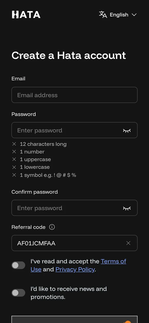 Link affiliate Daus dibuka: borang "Create a Hata account" dengan syarat password 12 aksara.