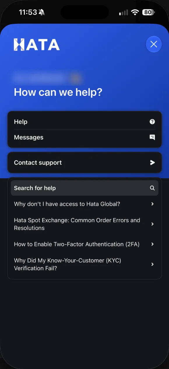 Support dalam app: Help, Messages, Contact support dan artikel popular (nama dikaburkan).