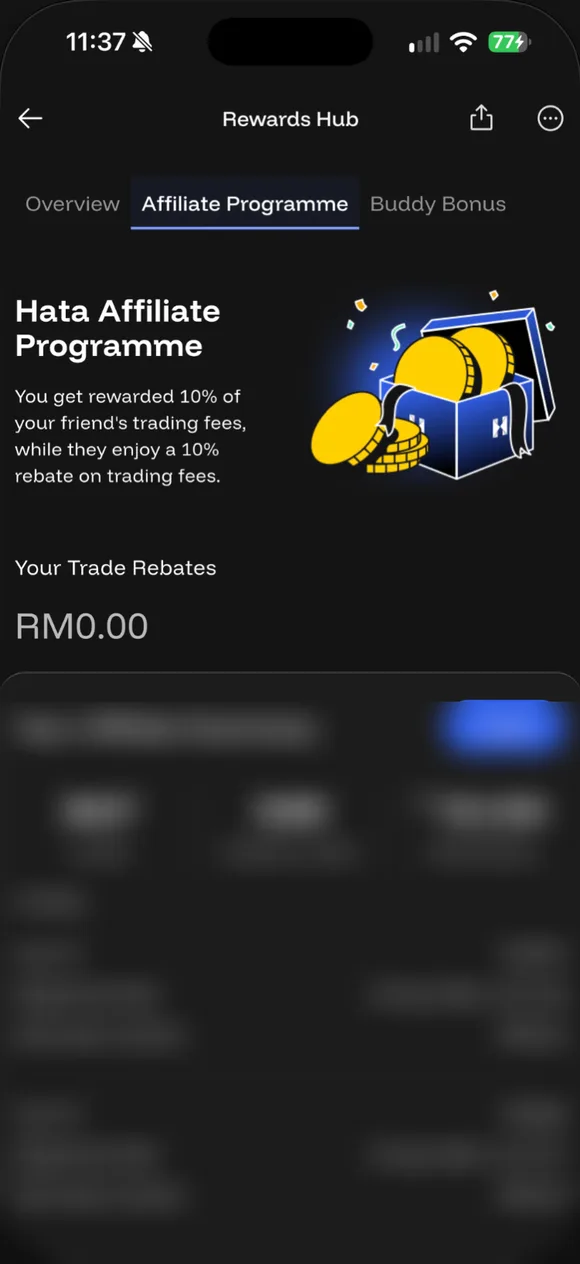 Rewards Hub → Affiliate Programme: baris Your Trade Rebates (ringkasan affiliate daus dikaburkan).