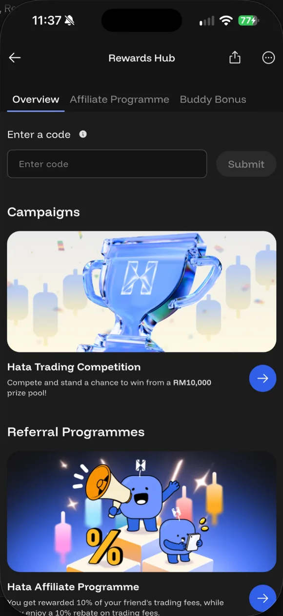 Rewards Hub → Overview: kotak Enter a code dan butang Submit, dengan kempen Hata.