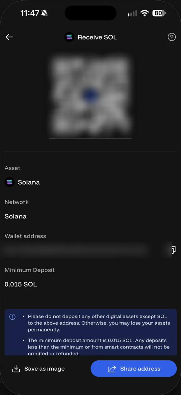 Receive SOL: network Solana, alamat dan QR (dikaburkan), minimum deposit 0.015 SOL.